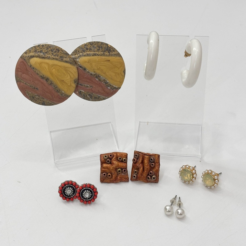 Vintage Style Mixed Earring Lot 6 Pairs Boho Enamel Pearl‎ Geometric Studs Hoops